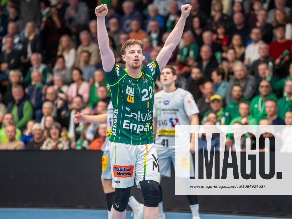 Erik Persson of Frisch Auf Göppingen, No. 22, celebrates; Frisch Auf Göppingen vs. ThSV Eisenach, Handball, 1st Bundesliga, Men s, 2026–2027 Season, October 23, 2026, Frisch Auf Goeppingen vs. ThSV Eisenach, Handball, 1st Bundesliga, Men, 2026–2027 season, October 23, 2026, Goeppingen