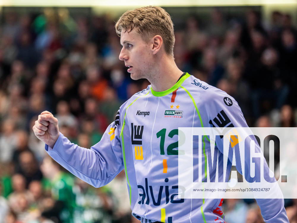 Kristian Saeveras of Frisch Auf Goeppingen, No. 12, pumps his fist in celebration; Frisch Auf Goeppingen vs. ThSV Eisenach, Handball, 1st Bundesliga, Men s, 2026–2027 Season, October 23, 2026, Frisch Auf Goeppingen vs. ThSV Eisenach, Handball, 1st Bundesliga, Men, 2026–2027 season, October 23, 2026, Goeppingen