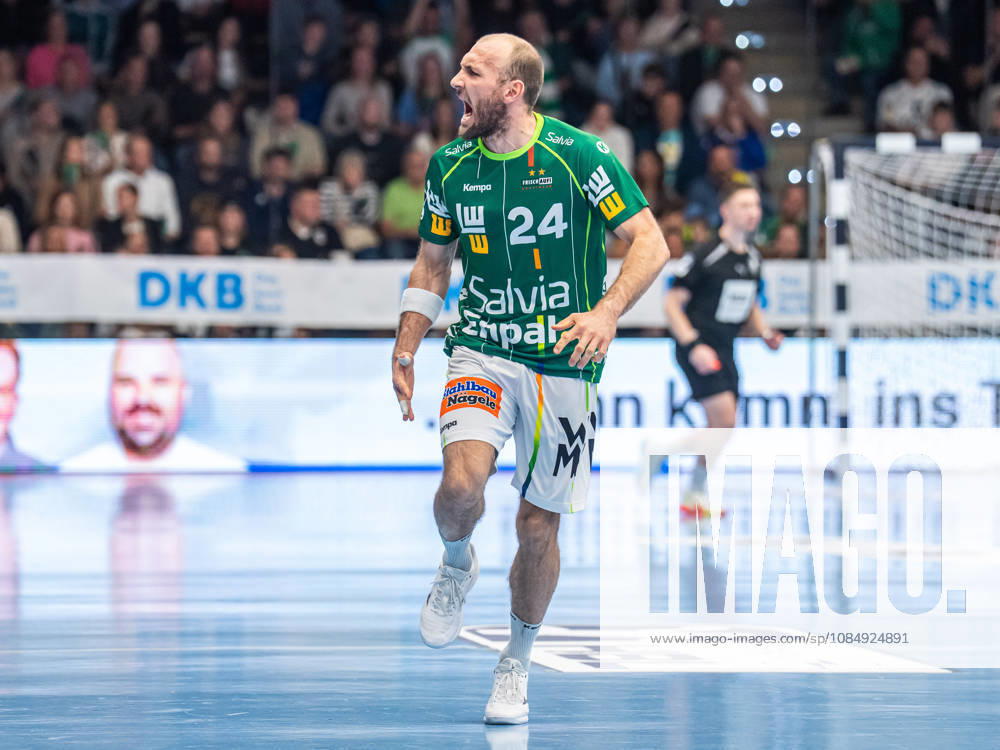 Marcel Schiller of Frisch Auf Göppingen, No. 24, cheers loudly; Frisch Auf Göppingen vs. ThSV Eisenach, handball, 1st Bundesliga, men s division, 2026–2027 season, October 23, 2026, Frisch Auf Goeppingen vs. ThSV Eisenach, Handball, 1st Bundesliga, Men, 2026–2027 season, October 23, 2026, Goeppingen