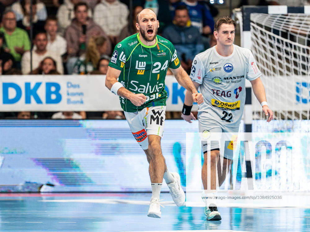 Marcel Schiller of Frisch Auf Göppingen, No. 24, cheers loudly; Frisch Auf Göppingen vs. ThSV Eisenach, handball, 1st Bundesliga, Men s, 2026–2027 season, October 23, 2026, Frisch Auf Goeppingen vs. ThSV Eisenach, Handball, 1st Bundesliga, Men, 2026–2027 season, October 23, 2026, Goeppingen