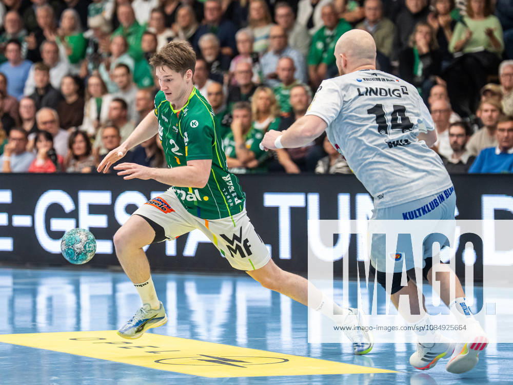 Oskar Neudeck, Frisch Auf Goeppingen, No. 02, driving the ball with speed; Frisch Auf Goeppingen vs. ThSV Eisenach, Handball, 1st Bundesliga, Men, 2026–2027 Season, October 23, 2026, Frisch Auf Goeppingen vs. ThSV Eisenach, Handball, 1st Bundesliga, Men, 2026–2027 season, October 23, 2026, Goeppingen