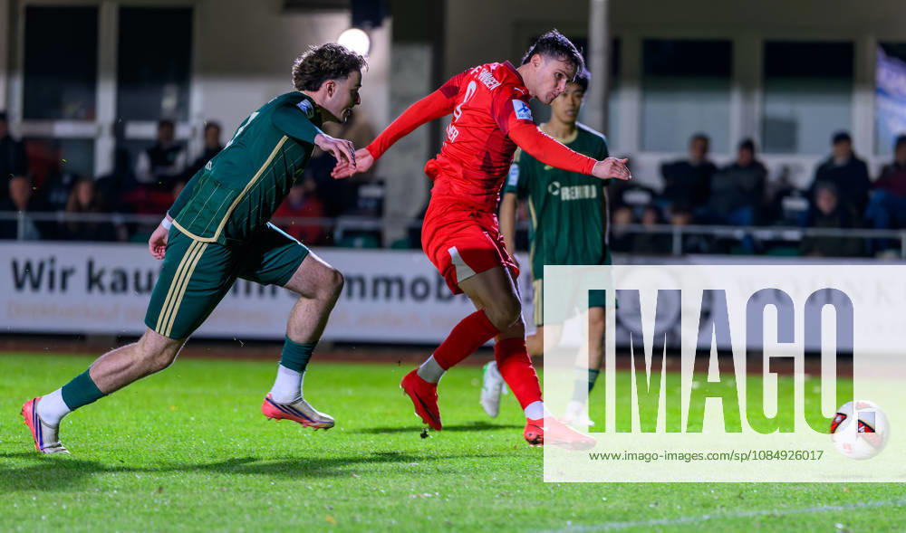 Soccer Season 2026–2027 Bavarian Regional League Matchday 04 SC Eltersdorf vs. SCE Quecken vs. FC Memmingen FCM Philipp Kirsamer 9, FC Memmingen scores a goal—a shot on goal—to make it 0–1 against Korbinian Stütz 4, SC Eltersdorf
