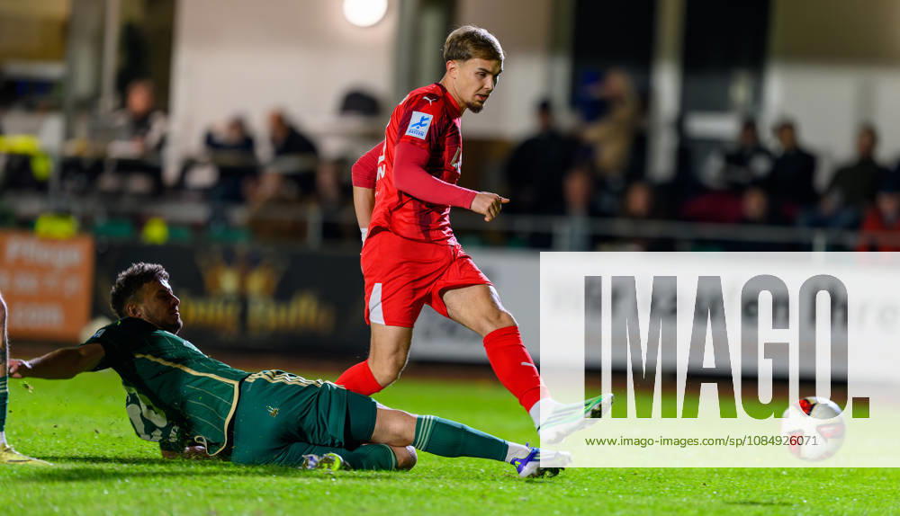 Soccer Season 2026–2027 Bavarian Regional League Matchday 04 SC Eltersdorf vs. SCE Quecken FC Memmingen FCM Constantin Kresin 23, FC Memmingen scores a goal—a shot on goal—to make it 0–2 against Sebastian Marx 28, SC Eltersdorf