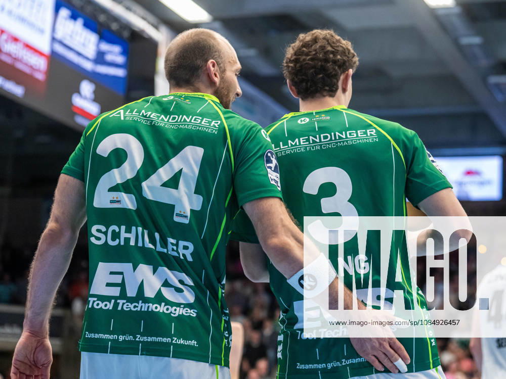 Marcel Schiller, Frisch Auf Göppingen, 24, with Micha Lang, Frisch Auf Göppingen, 03, Frisch Auf Göppingen vs. ThSV Eisenach, Handball, 1st Bundesliga, Men, 2026–2027 Season, October 23, 2026, Frisch Auf Goeppingen vs. ThSV Eisenach, Handball, 1st Bundesliga, Men, 2026–2027 season, October 23, 2026, Goeppingen