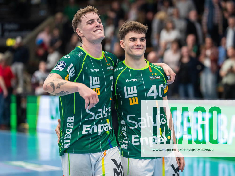 Victor Kloeve (Frisch Auf Goeppingen, No. 7) and Elias Newel (Frisch Auf Goeppingen, No. 40) are both shining brightly; Frisch Auf Goeppingen vs. ThSV Eisenach, Handball, 1st Bundesliga, Men, 2026–2027 Season, October 23, 2026, Frisch Auf Goeppingen vs. ThSV Eisenach, Handball, 1st Bundesliga, Men, 2026–2027 season, October 23, 2026, Goeppingen