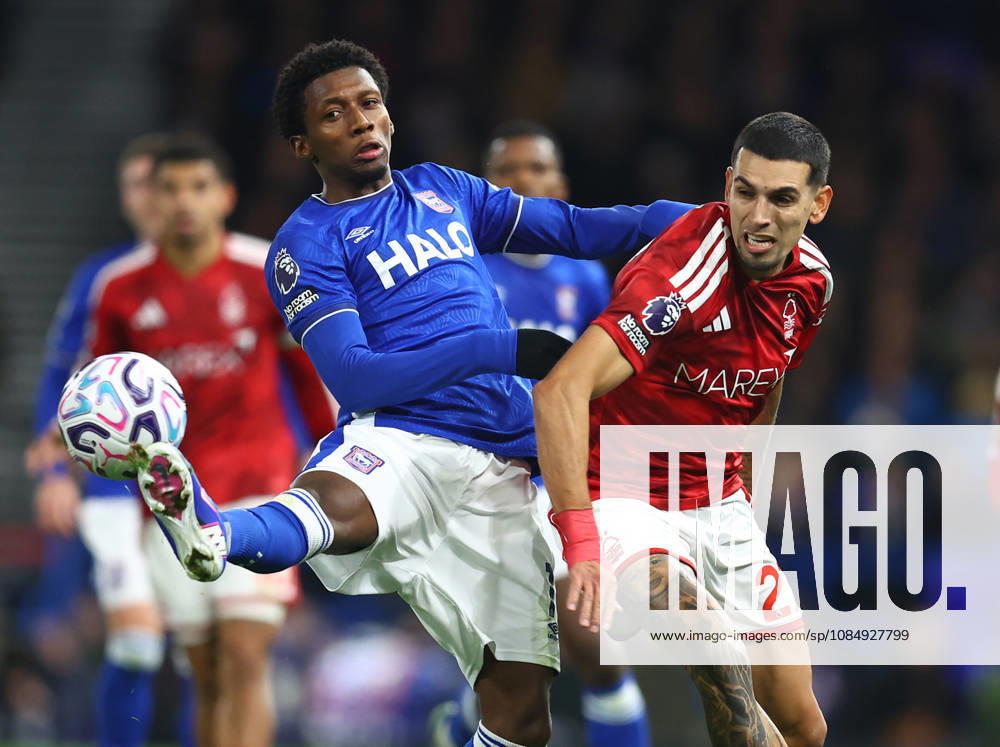 Ipswich, England, 23rd October 2026. Jaden Philogene-Bidace of Ipswich Town and Daniel Munoz of Nottingham Forest during the Ipswich Town vs Nottingham Forest Premier League match at Portman Road, Ipswich. Picture credit should read: Paul Terry Sportimage . SPI_026_PT_Ipswich_Forest SPI-5093-0028