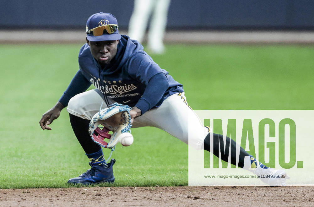 Milwaukee Brewers right fielder Luis Lara fields a ball before the start of game one of the 2026 World Series between the Tampa Bay Rays and the Milwaukee Brewers at American Family Field in Milwaukee, Wisconsin on Friday, October 23, 2026. MIL20261023804 TANNENxMAURY