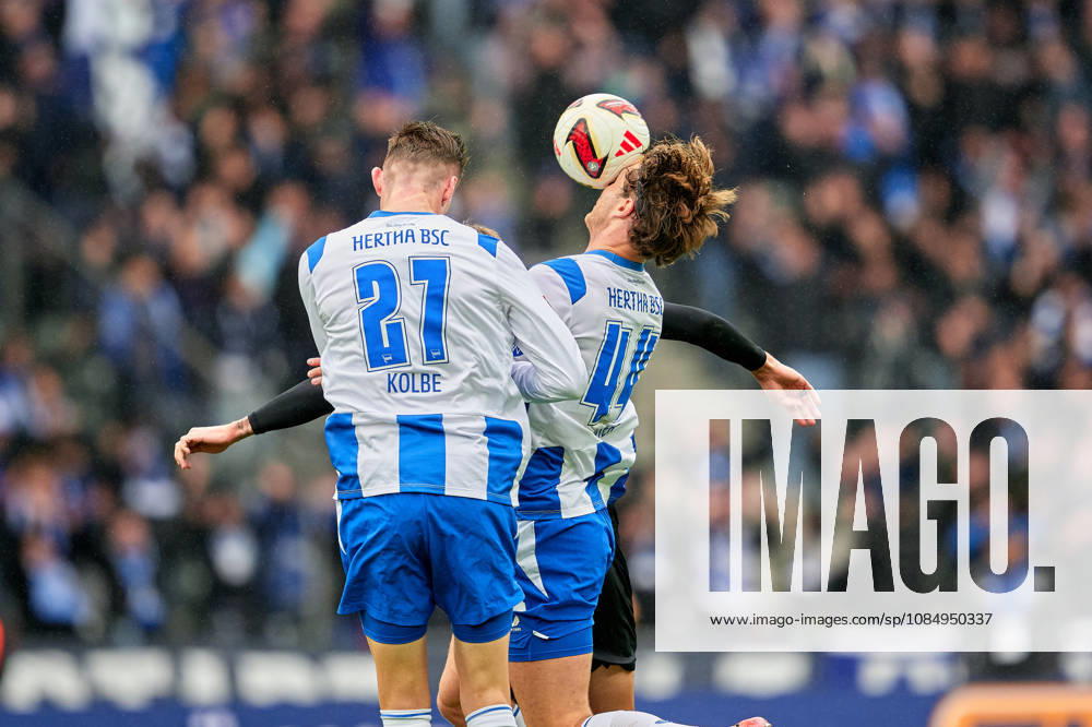 Niklas Kolbe, Hertha BSC, 27, Linus Gechter, Hertha BSC, 44, header, GER, Hertha BSC vs. Arminia Bielefeld, 2. Bundesliga, 2026–27 season, Matchday 9, October 24, 2026 DFL regulations prohibit any use of photographs as image sequences and or quasi-video GER, Hertha BSC vs. Arminia Bielefeld, 2. Bundesliga, 2026–27 season, Matchday 9, October 24, 2026, Berlin