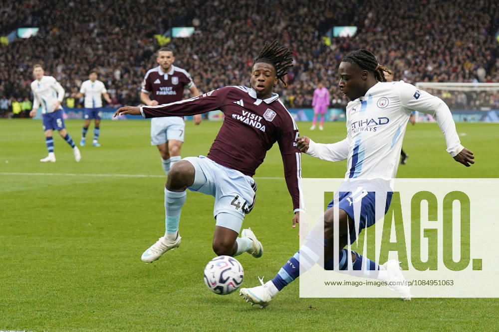 Birmingham, England, 24th October 2026. Jeremy Doku of Manchester City plays the ball past Johan Manzambi of Aston Villa during the Aston Villa vs Manchester City Premier League match at Villa Park, Birmingham. Picture credit should read: Andrew Yates Sportimage . SPI_021_AY_Villa_Man_City SPI-5099-0021