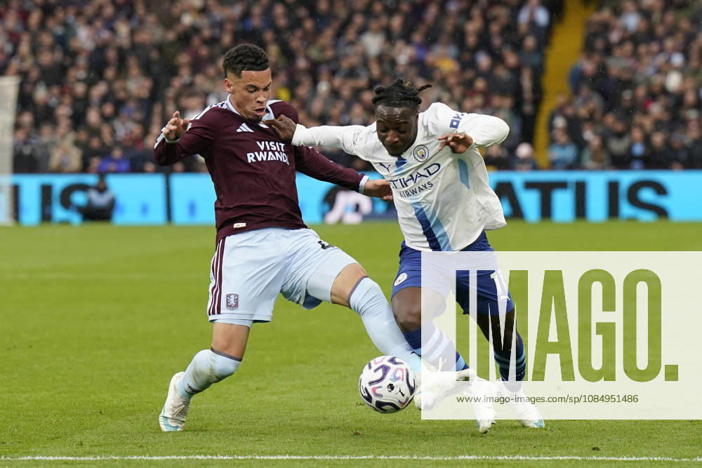Birmingham, England, 24th October 2026. Alysson Edward of Aston Villa and Jeremy Doku of Manchester City challenge for the ball during the Aston Villa vs Manchester City Premier League match at Villa Park, Birmingham. Picture credit should read: Andrew Yates Sportimage . SPI_024_AY_Villa_Man_City SPI-5099-0024