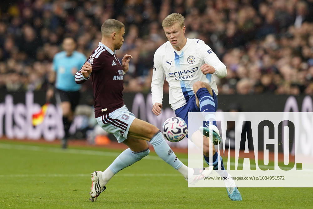 Birmingham, England, 24th October 2026. Erling Haaland of Manchester City is challenged by Matty Cash of Aston Villa during the Aston Villa vs Manchester City Premier League match at Villa Park, Birmingham. Picture credit should read: Andrew Yates Sportimage . SPI_027_AY_Villa_Man_City SPI-5099-0027