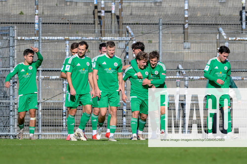 Ansbach players celebrating a goal, cheering, goal celebration, goal scored, celebrating the goal, goal, celebration, cheering over the goal that made it 0-1 by Nico Hayer, Ansbach, March 28, optimistic, action, October 24, 2026, Unterhaching, Germany, soccer, Bavarian Regional League, SpVgg Unterhaching vs. SpVgg Ansbach