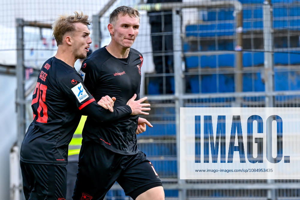 From left: Andy Breuer (Unterhaching), 26, and Cornelius Pfeiffer (Unterhaching), 22, who scored the 1-1 goal, celebrating, celebration, goal celebration, goal scored, celebrating the goal, goal, celebration, celebrating the goal, optimistic, action, October 24, 2026, Unterhaching, Germany, soccer, Bavarian Regional League, SpVgg Unterhaching vs. SpVgg Ansbach