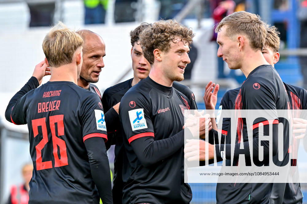 Unterhaching players celebrating a goal, cheering, goal celebration, goal scored, celebrating the goal, goal, celebration, Celebrating the goal that tied the score at 1–1 by Cornelius Pfeiffer, Unterhaching, 22–1, optimistic, action, October 24, 2026, Unterhaching, Germany, soccer, Bavarian Regional League, SpVgg Unterhaching vs. SpVgg Ansbach