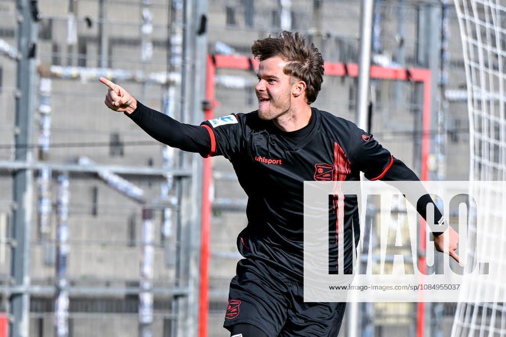 Goal scorer for the 2-1 win, Jeroen Krupa of Unterhaching, turns away jubilantly after his goal, celebration, goal celebration, goal scored, celebrate the goal, goal, celebration, celebrating the goal, optimistic, single frame, action, October 24, 2026, Unterhaching, Germany, soccer, Bavarian Regional League, SpVgg Unterhaching vs. SpVgg Ansbach
