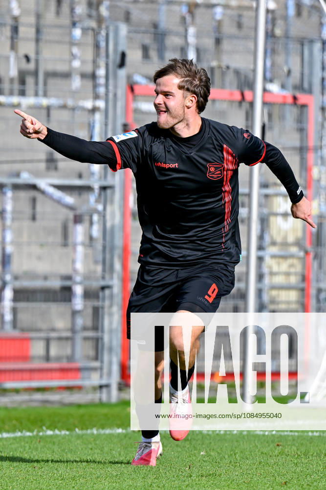 Goal scorer for the 2-1 win, Jeroen Krupa of Unterhaching, turns away jubilantly after his goal, celebration, goal celebration, goal scored, celebrate the goal, goal, celebration, celebrating the goal, optimistic, cutout, single frame, action, October 24, 2026, Unterhaching, Germany, soccer, Bavarian Regional League, SpVgg Unterhaching vs. SpVgg Ansbach