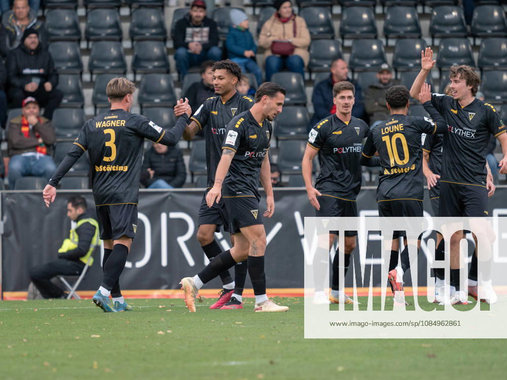 Goal to make it 0–1 by Joel da Silva Kiala, TSV Alemannia Aachen, 37th minute, second from the left; goal celebration, team celebration, joy, emotion, team cheers, gestures, GER, soccer, VfB Stuttgart II vs. Alemannia Aachen, 3rd Division, Matchday 11, Aspach, 2026–2027 season, October 24, 2026 GER, soccer, VfB Stuttgart II vs. Alemannia Aachen, 3rd Division, Matchday 11, Aspach, 2026–2027 season, October 24, 2026 Aspach