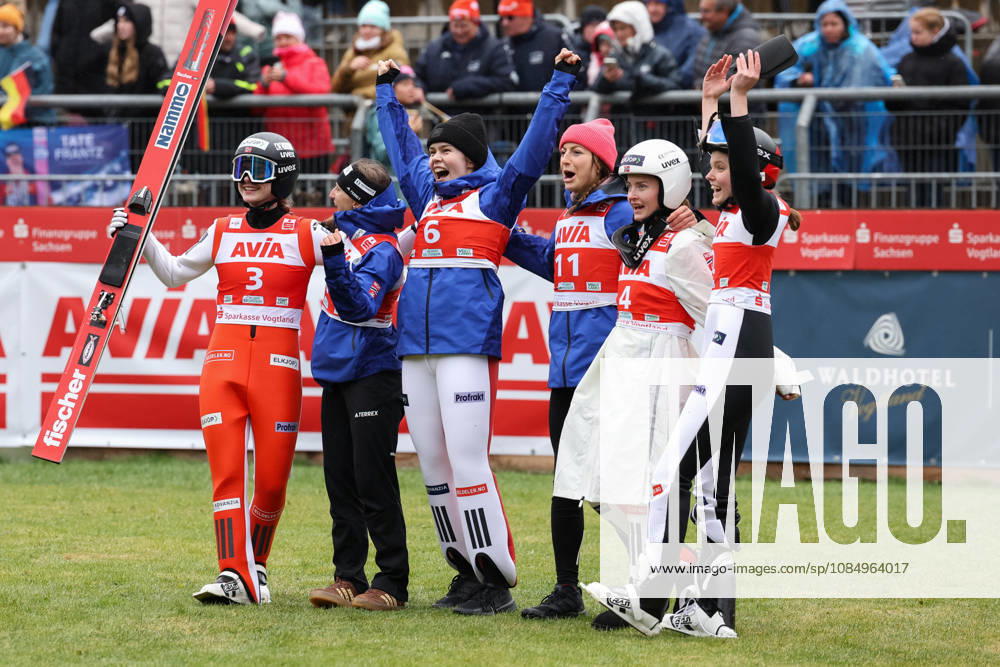 Ski Jumping, Women, FIS Summer Grand Prix, 2026 Season, Individual Final Celebration of the day’s victory by Ingvild Synnoeve Midtskogen (NOR), far left. Joining the winner in celebration are Heidi Dyhre Traaserud (NOR), second from left, Anna Odine Stroem (NOR), Josephine Pagnier (FRA), Gyda Westvold Hansen (NOR), and Eirin Maria Kvandal (NOR). Klingenthal Vogtland Arena, Saxony, Germany