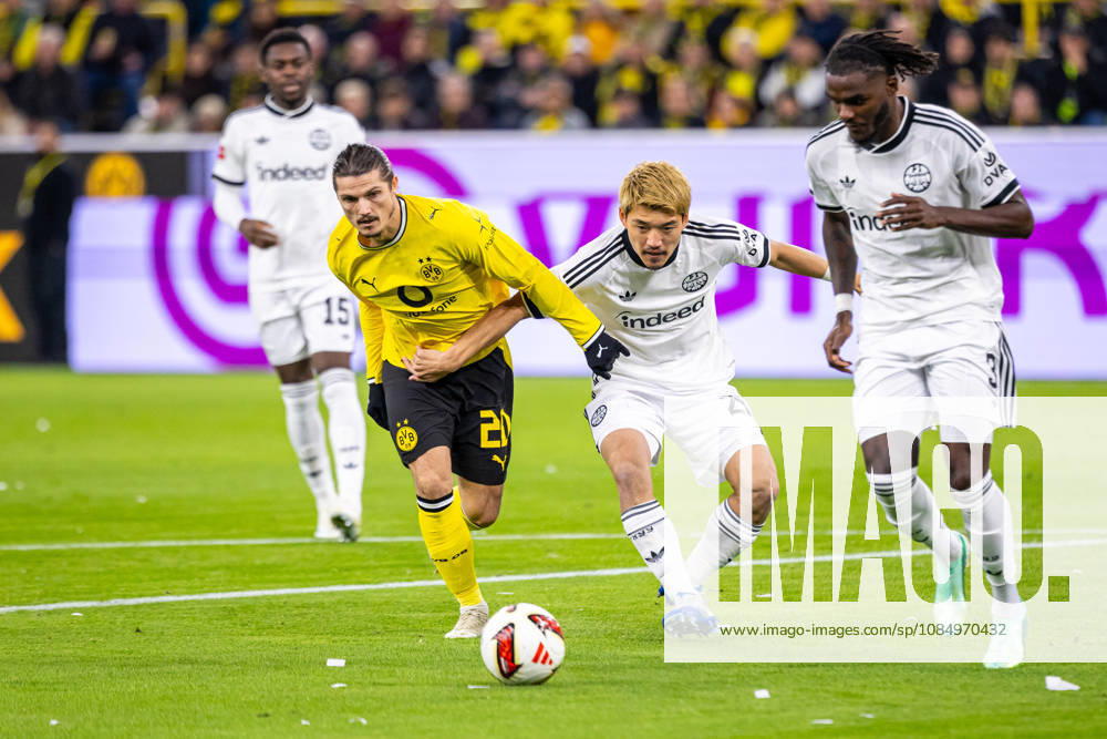 L R Marcel Sabitzer, Borussia Dortmund, 20; Ritsu Doan, Eintracht Frankfurt, 20; Lilian Brassier, Eintracht Frankfurt, 03 GER; Borussia Dortmund vs. Eintracht Frankfurt, Soccer, Bundesliga, Matchday 7, 2026–2027 season, October 24, 2026 DFL regulations prohibit any use of photographs as image sequences and or quasi-video GER, Borussia Dortmund vs. Eintracht Frankfurt, Soccer, Bundesliga, Matchday 7, 2026–2027 season, October 24, 2026 Dortmund