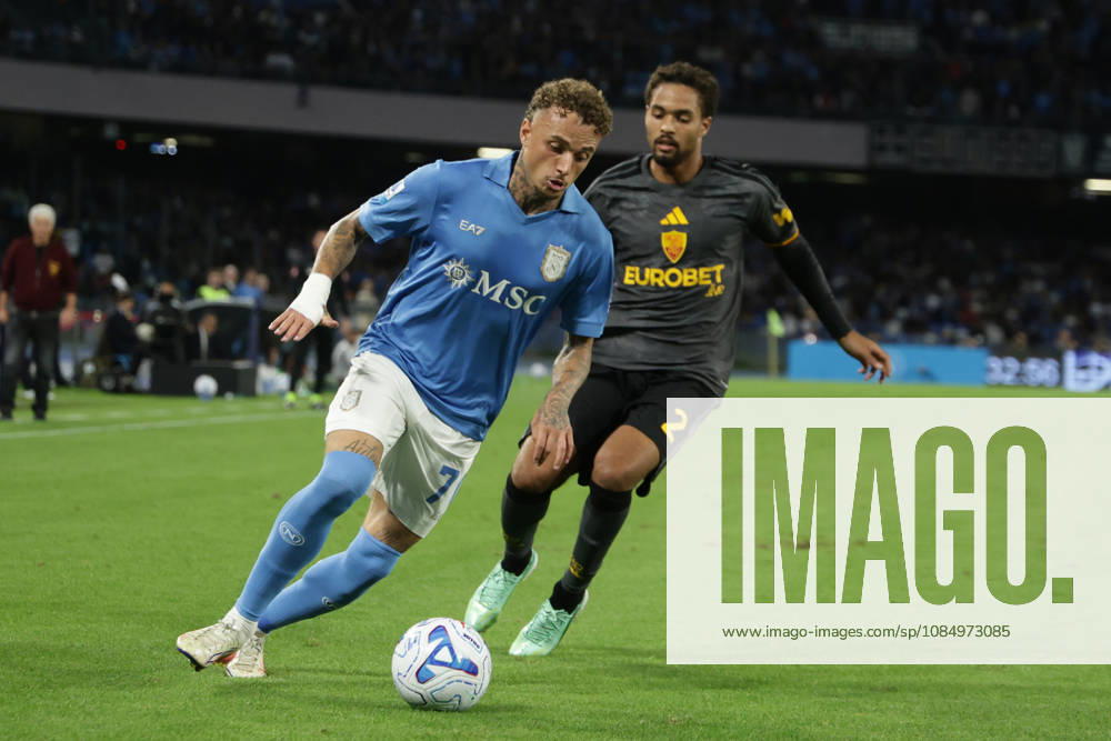 Italy: Serie a football match SSC Napoli vs AS Roma Napoli s Dutch midfielder Noa Lang challenges for the ball with Roma s Dutch defender Devyne Rensch during the Serie A football match between SSC Napoli and AS Roma at the Diego Armando Maradona Stadium in Naples, October 24, 2026. ABP10004
