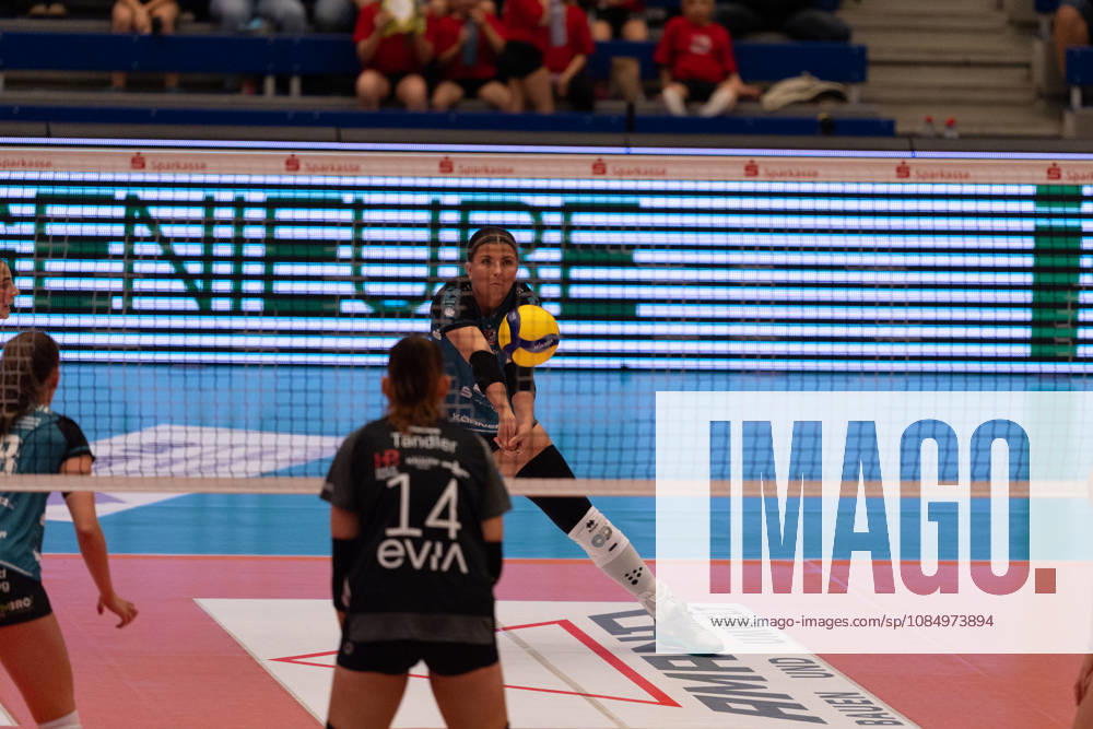 Pictured: Mackenzie Foley 23 receiving the ball, Dresdner SC 24, October 10, 2026, Dresdner SC Binder Blaubären vs. TSV Flacht, DEKRA 1 Bundesliga Women, Volleyball, Germany, Dresden, Cyberport Arena
