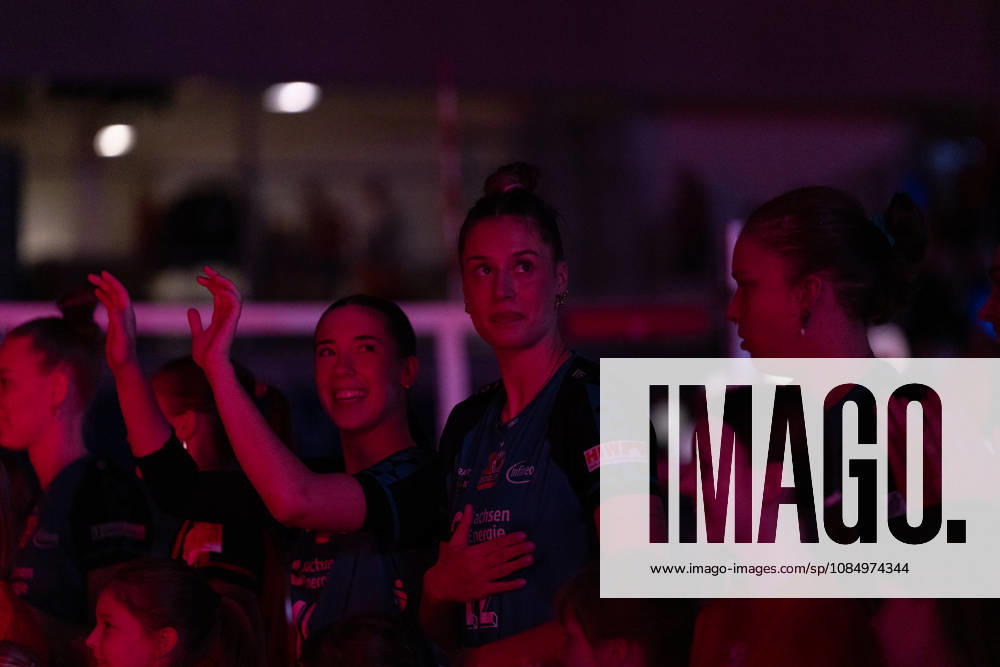 Pictured: Players entering the court—Mette Marleen Pfeffer 12, Dresdner SC 24, October 10, 2026; Dresdner SC Binder Blaubären vs. TSV Flacht; DEKRA 1 Bundesliga Women; Volleyball; Germany; Dresden; Cyberport Arena
