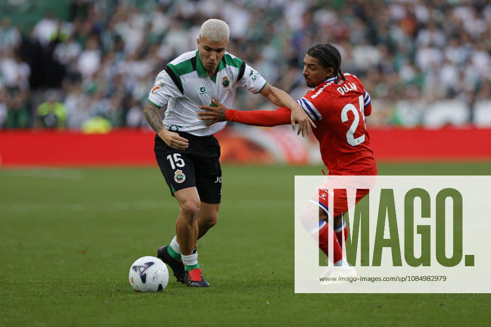 Real Racing Club de Santander v RCD Espanyol de Barcelona - LaLiga EA Sports 2026 27 Pablo Garcia of Racing de Santander competes for the ball with Tyrhys Dolan of R.C.D Espanyol during the LaLiga EA Sports match between Racing de Santander and R.C.D Espanyol at El Sardinero Stadium in Santander, Spain, on October 24, 2026. Santander Cantabria Spain