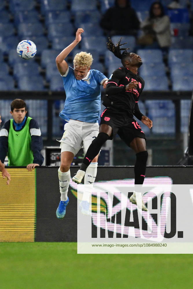 IPA90128622 - Gustav Isaksen of S.S. Lazio and El Bilal Toure of Parma Calcio 1913 are in action during Matchday 8 of the Serie A Championship between S.S. Lazio and Parma Calcio 1913 at the Olympic Stadium on October 24, 2026, in Rome, Italy.