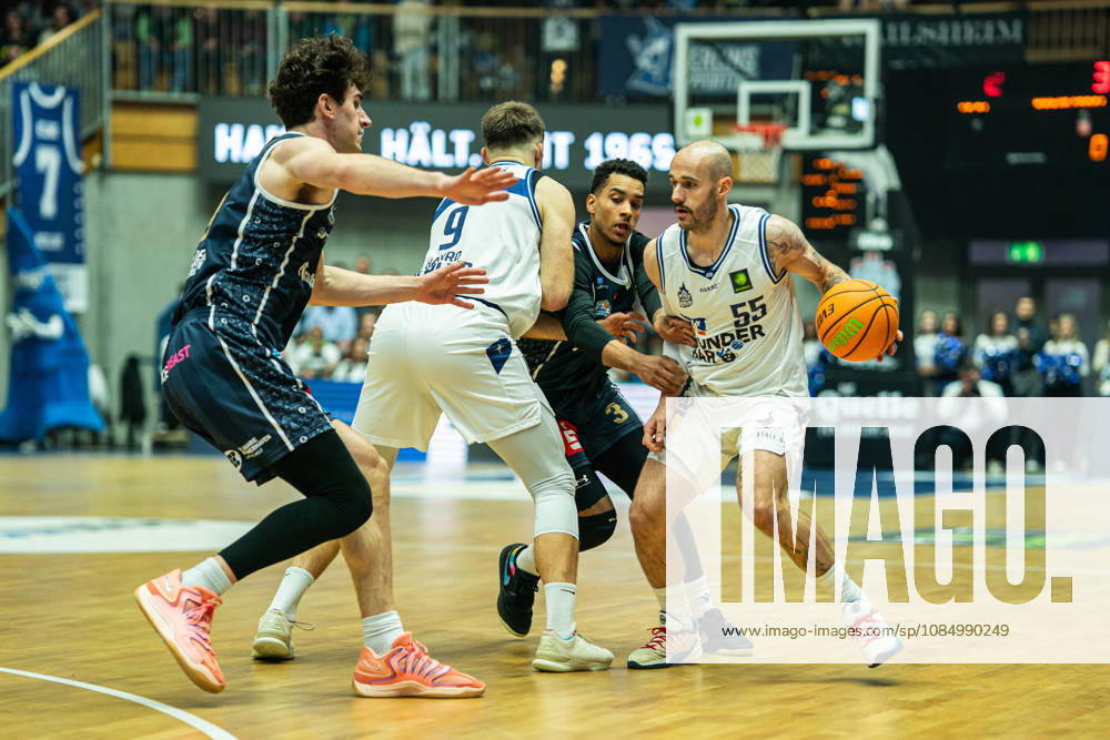Simon Krajcovic of the Hakro Merlins Crailsheim, No. 55, breaks through a group of opposing players from the Eisbären Bremerhaven, GER, Hakro Merlins Crailsheim vs. Eisbären Bremerhaven, Basketball, 2nd Basketball Bundesliga ProA, Men s, Matchday 6, 2026–2027 season, October 24, 2026, GER, Hakro Merlins Crailsheim vs. Eisbären Bremerhaven, Basketball, 2nd Basketball Bundesliga ProA, Men’s, Matchday 6, 2026–2027 season, October 24, 2026, Ilshofen