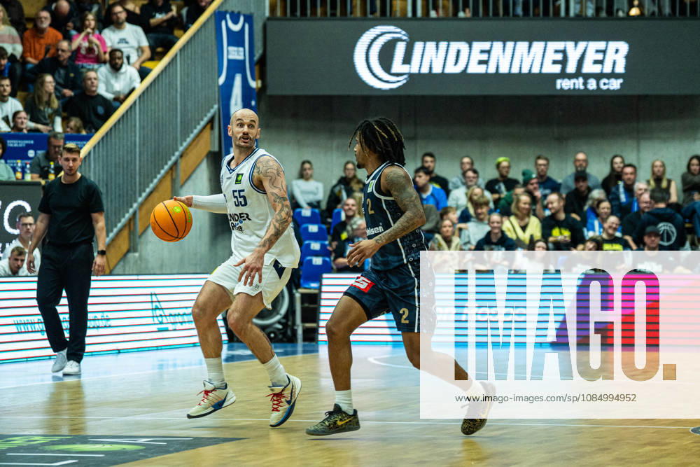 Simon Krajcovic, Hakro Merlins Crailsheim, No. 55, on the ball against Corey McKeithan, Eisbären Bremerhaven, 02, GER, Hakro Merlins Crailsheim vs. Eisbären Bremerhaven, Basketball, 2nd Basketball Bundesliga ProA, Men s, Matchday 6, 2026–2027 season, October 24, 2026, GER, Hakro Merlins Crailsheim vs. Eisbären Bremerhaven, Basketball, 2nd Basketball Bundesliga ProA, Men’s, Matchday 6, 2026–2027 season, October 24, 2026, Ilshofen