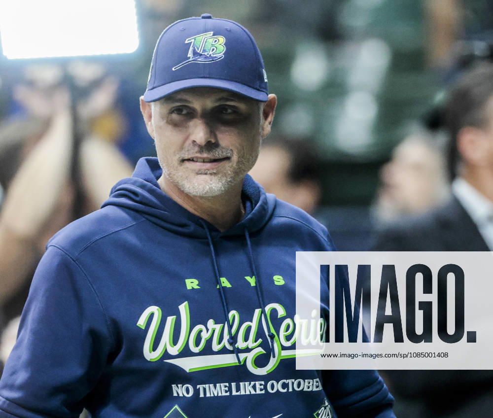 Tampa Bay Rays manager Kevin Cash watches warmups before the start of game two of the 2026 World Series between the Tampa Bay Rays and the Milwaukee Brewers at American Family Field in Milwaukee, Wisconsin on Saturday, October 24, 2026. MIL20261024809 TANNENxMAURY