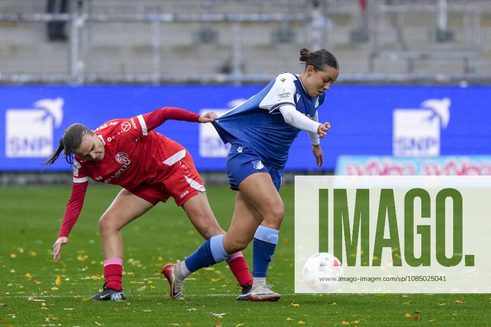 V li Kara Bathmann Mainz, 4, Linda Natter TSG, 11, tackle, game scene, duel, tackle, tackling, dynamics, action, 25 10 2026, Sinsheim, Hoffenheim, Germany, soccer, Google Pixel Women’s Bundesliga, TSG 1899 Hoffenheim vs. FSV Mainz 05, DFB and DFL regulations prohibit any use of photographs as image sequences and or quasi-video