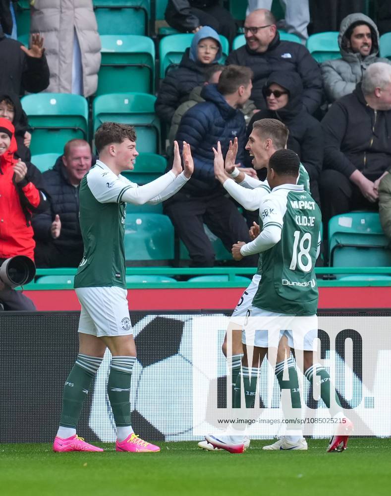 Owen Elding of Hibernian celebrates with team mates Marko Ivezic & Thibault Klidje after scoring to give Hibs a 1-0 lead Hibernian v Celtic, William Hill Scottish Premiership, Football, Easter Road, Edinburgh, Scotland, UK - 25 Oct 2026Edinburgh Easter Road Scotland United Kingdom