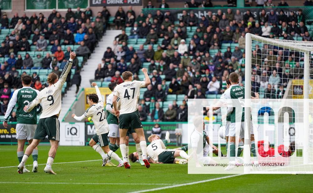 Celtic players celebrate as Jason Kerr of Hibernian scores an own goal to tie the game 1-1 Hibernian v Celtic, William Hill Scottish Premiership, Football, Easter Road, Edinburgh, Scotland, UK - 25 Oct 2026Edinburgh Easter Road Scotland United Kingdom