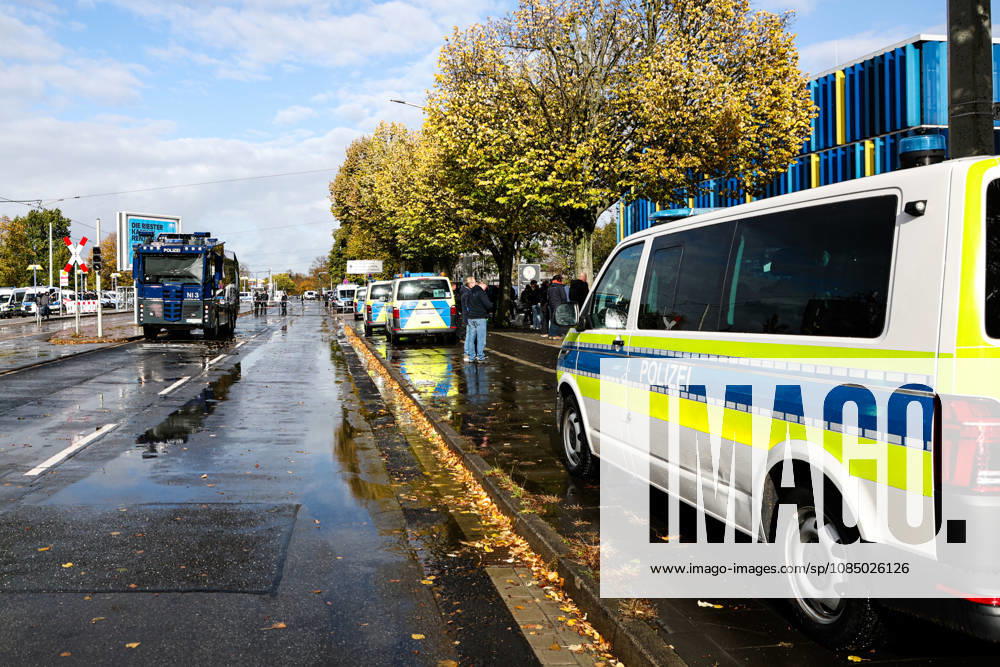 Police are stationed in front of the stadium with water cannons and a large contingent. Bundesliga Soccer Season 2026–2027: Eintracht Braunschweig vs. Hannover 96 at the Eintracht Stadium in Braunschweig. Soccer, man, men, Germany