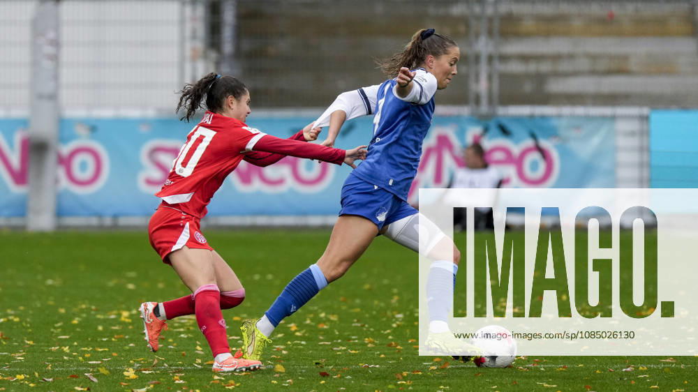 V li Vital Kats Mainz, 30, Lisann Kaut TSG, 4, tackle, game scene, duel, tackle, tackling, dynamics, action, 25 10 2026, Sinsheim, Hoffenheim, Germany, soccer, Google Pixel Women’s Bundesliga, TSG 1899 Hoffenheim vs. FSV Mainz 05, DFB DFL REGULATIONS PROHIBIT ANY USE OF PHOTOGRAPHS AS IMAGE SEQUENCES AND OR QUASI-VIDEO