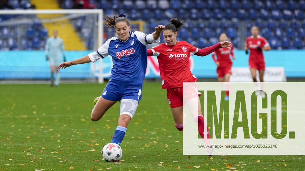 V li Lisann Kaut TSG, 4, Vital Kats Mainz, 30, tackle, game scene, duel, tackle, tackling, dynamics, action, 25 10 2026, Sinsheim Hoffenheim Germany, soccer, Google Pixel Women’s Bundesliga, TSG 1899 Hoffenheim vs. FSV Mainz 05, DFB DFL REGULATIONS PROHIBIT ANY USE OF PHOTOGRAPHS AS IMAGE SEQUENCES AND OR QUASI-VIDEO