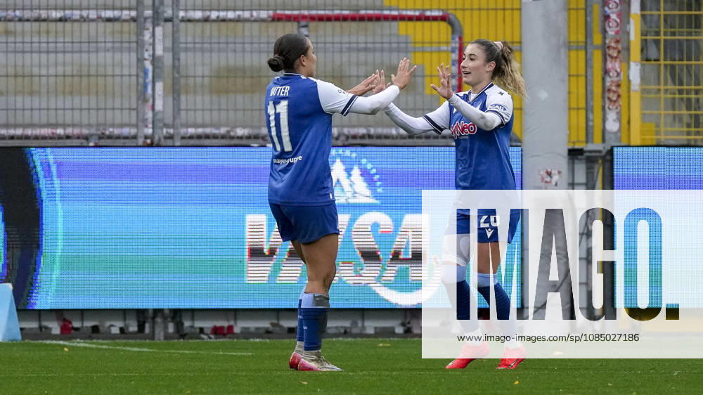 From left: Linda Natter (TSG), 11, goal scorer Janna Grimm (TSG), 26, players from TSG 1899 Hoffenheim celebrating the goal that tied the game at 1–1, Celebration, goal celebration, scoring a goal, celebrate the goal, goal, celebration, celebrating the goal, joy, happiness, happy, optimistic, positive, game scene, highlight, action, 10 25 2026, Sinsheim, Hoffenheim, Germany, soccer, Google Pixel Women’s Bundesliga, TSG 1899 Hoffenheim 1–FSV Mainz 05, DFB DFL REGULATIONS PROHIBIT ANY USE OF PHOTOGRAPHS AS IMAGE SEQUENCES AND OR QUASI-VIDEO