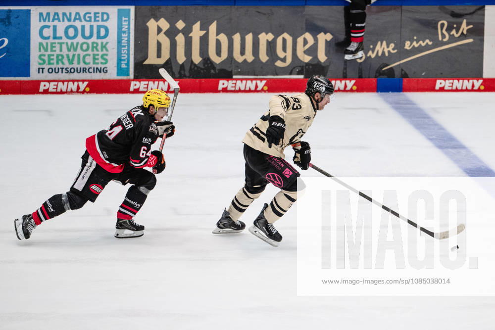 Markus Schweiger, Loewen Frankfurt, 64, Spencer Machacek, Grizzlys Wolfsburg, 93 GER, Loewen Frankfurt vs. Grizzlys Wolfsburg, Ice Hockey, PENNY DEL, Matchday 12, 2026–2027 Season, October 25, 2026 GER, Loewen Frankfurt vs. Grizzlys Wolfsburg, Ice Hockey, PENNY DEL, Matchday 12, 2026–2027 Season, October 25, 2026 Frankfurt