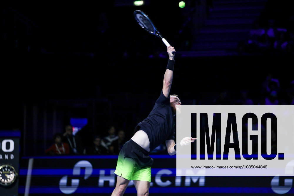 25th October 2026; St. Jakobshalle, Basel, Switzerland; ATP, Tennis Herren Tennis, Swiss Indoors Basel, Day 2; Qualifying final; Qualifying final; Remy Bertola of Switzerland serves AnthonyxBenoit