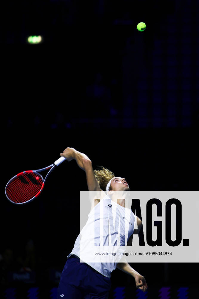 25th October 2026; St. Jakobshalle, Basel, Switzerland; ATP, Tennis Herren Tennis, Swiss Indoors Basel, Day 2; Qualifying final; Qualifying final; Mika Brunold of Switzerland serves AnthonyxBenoit