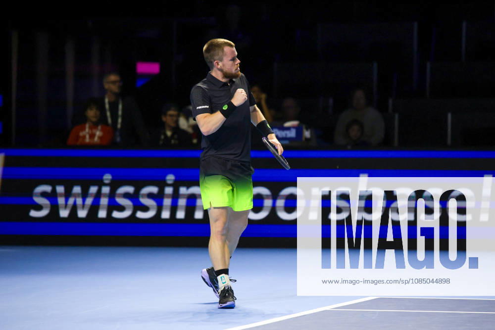 25th October 2026; St. Jakobshalle, Basel, Switzerland; ATP, Tennis Herren Tennis, Swiss Indoors Basel, Day 2; Qualifying final; Qualifying final; Remy Bertola of Switzerland clenches his fist and celebrates winning a point AnthonyxBenoit