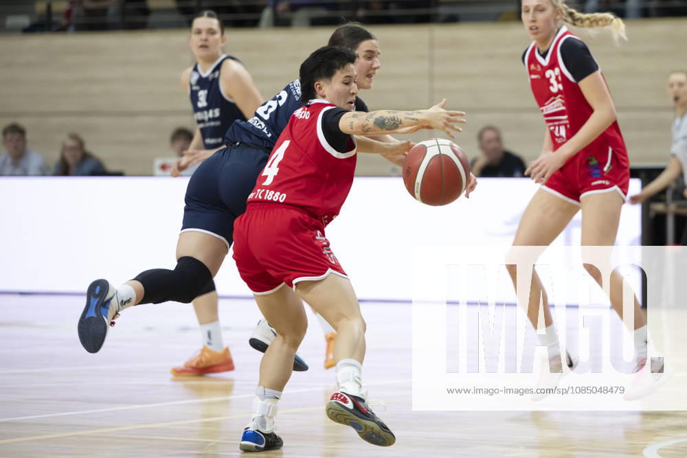 Toyota DBBL 2026–2027: HalFit Lions vs. Herner TC Halle Saale, Germany, October 25, 2026. Pictured, from left, in a head-to-head battle: Dominika Fiszer (Halle) and Isabella Mauricio (Herne Halle Saale) at the swh Arena in Saxony-Anhalt, Germany.