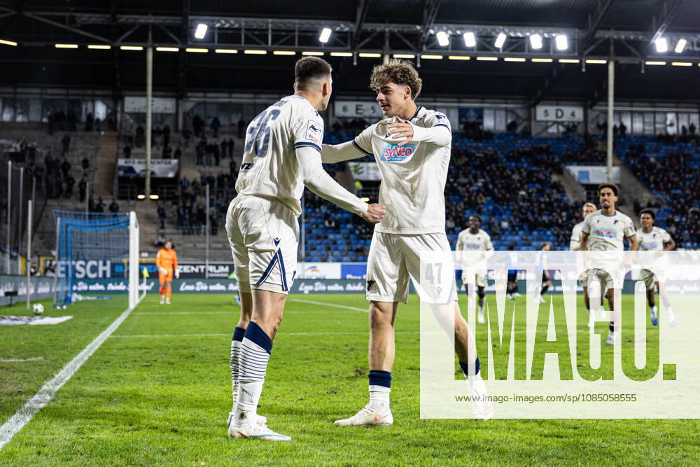 Germany: SV Waldhof Mannheim vs. TSG Hoffenheim II, 3. Liga, 2026–27 season, Carl Benz Stadium, Mannheim. Jakov Dedic of TSG Hoffenheim II, No. 36, celebrates after scoring a goal, Maximilian Theuer, TSG Hoffenheim II, 47, at the Carl Benz Stadium in Mannheim, Baden-Württemberg, Germany
