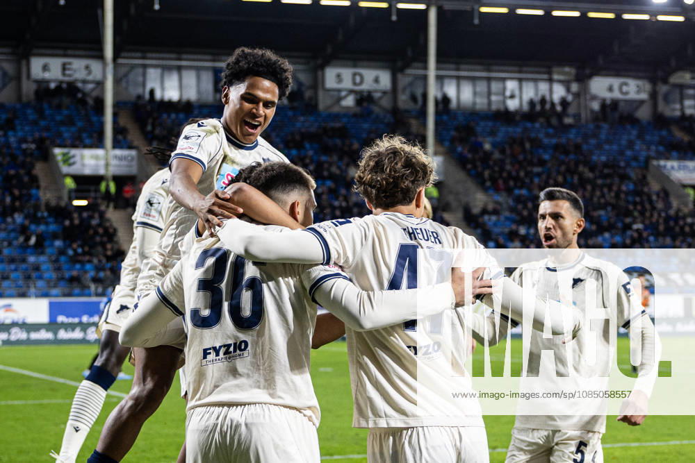 Germany: SV Waldhof Mannheim vs. TSG Hoffenheim II, 3. Liga, 2026–27 season, Carl Benz Stadium, Mannheim; TSG Hoffenheim II celebrates after a goal by Jakov Dedic, TSG Hoffenheim II, 36, Mannheim, Carl Benz Stadium, Baden-Württemberg, Germany