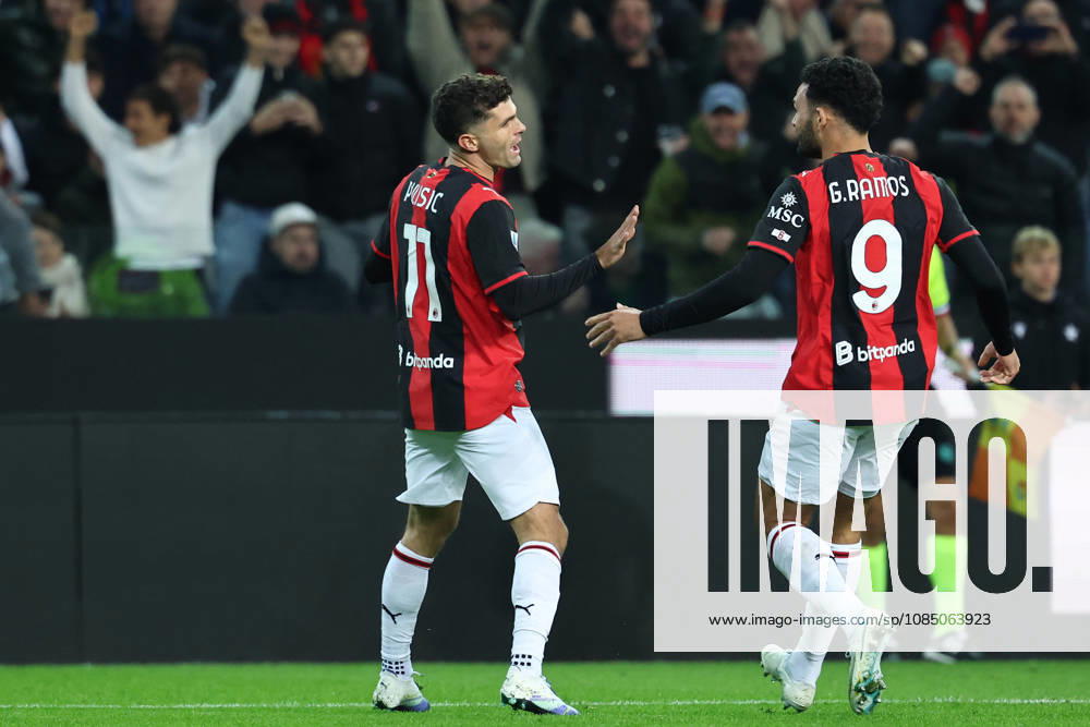 Christian Pulisic of AC Milan celebrates with team mate Goncalo Ramos, after scoring the goal of 0-1 during the Serie A 2026 2027 football match between Udinese Calcio and AC Milan at Friuli Bluenergy stadium in Udine (Italy), October 25th, 2026. CesarexPurini