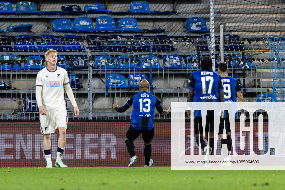 Germany: SV Waldhof Mannheim vs. TSG Hoffenheim II, 3. Liga, 2026–27 season, Carl Benz Stadium, Mannheim: Terrence Boyd of SV Waldhof Mannheim (No. 13) celebrates after scoring the 2–1 goal in front of empty stands in the home section at the Carl Benz Stadium in Mannheim, Baden-Württemberg, Germany