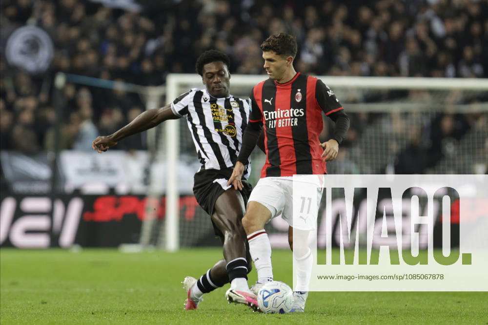 Udinese Calcio v AC Milan - Serie A 2026 27 AC Milan s Christian Pulisic in action against Udinese s James Abankwah during the Serie A Enilive soccer match between Udinese and Milan at the Bluenergy Stadium in Udine, Italy, on October 25, 2026. Udine Italy Italy