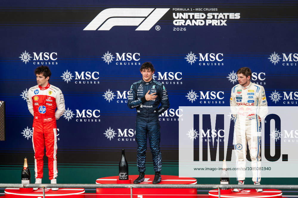 United States Grand Prix Podium - Austin Ferrari driver Charles Leclerc (16), Mercedes driver Andrea Kimi Antonelli (12) and Red Bull Racing driver Max Verstappen (3) on the podium at the conclusion of the United States Formula One Grand Prix at the Circuit of the Americas in Austin, Texas, on October 25, 2026. Photo by Alexis Jumeau ABACAPRESS.COM Austin Texas