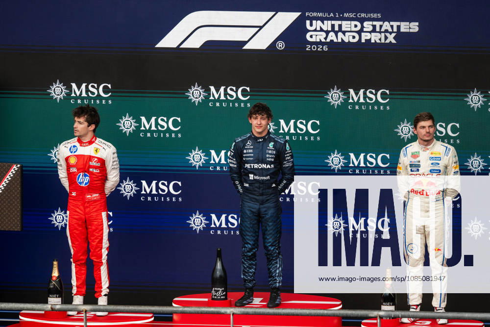 United States Grand Prix Podium - Austin Ferrari driver Charles Leclerc (16), Mercedes driver Andrea Kimi Antonelli (12) and Red Bull Racing driver Max Verstappen (3) on the podium at the conclusion of the United States Formula One Grand Prix at the Circuit of the Americas in Austin, Texas, on October 25, 2026. Photo by Alexis Jumeau ABACAPRESS.COM Austin Texas